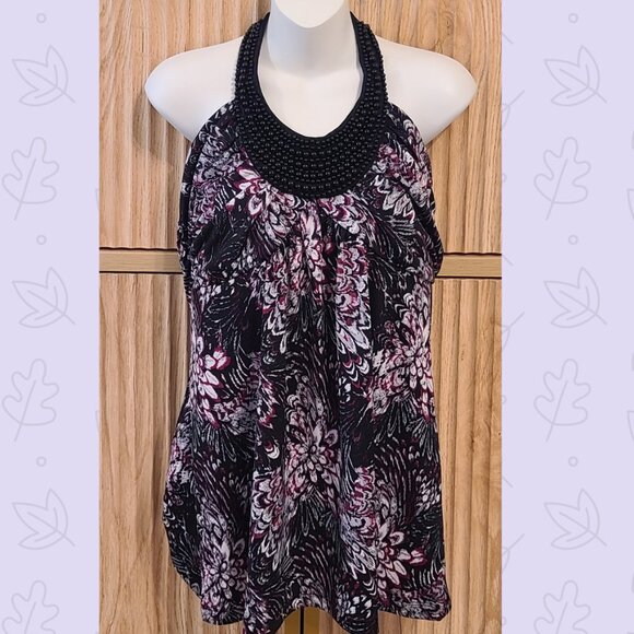 Studio Y Beaded Halter Top XL | Black Floral Print | Statement Neckline - Picture 1 of 7